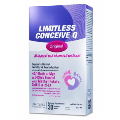 LIMITLESS CONCEIVE Q ( MYO-INOSITOL + CHIRO-INOSITOL + ALPHA-LACTALBUMIN + COENZYME Q10-CYCLODEXTRIN COMPLEX + ZINC ) — DIETARY SUPPLEMENRT 30 CHEWABLE TABLETS